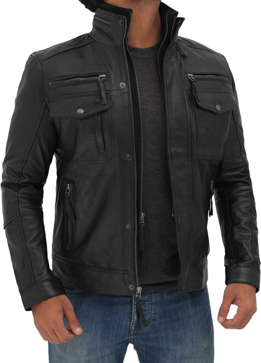 Picture of a model wearing our Mens Black Leather Motorcycle Jacket Side View
