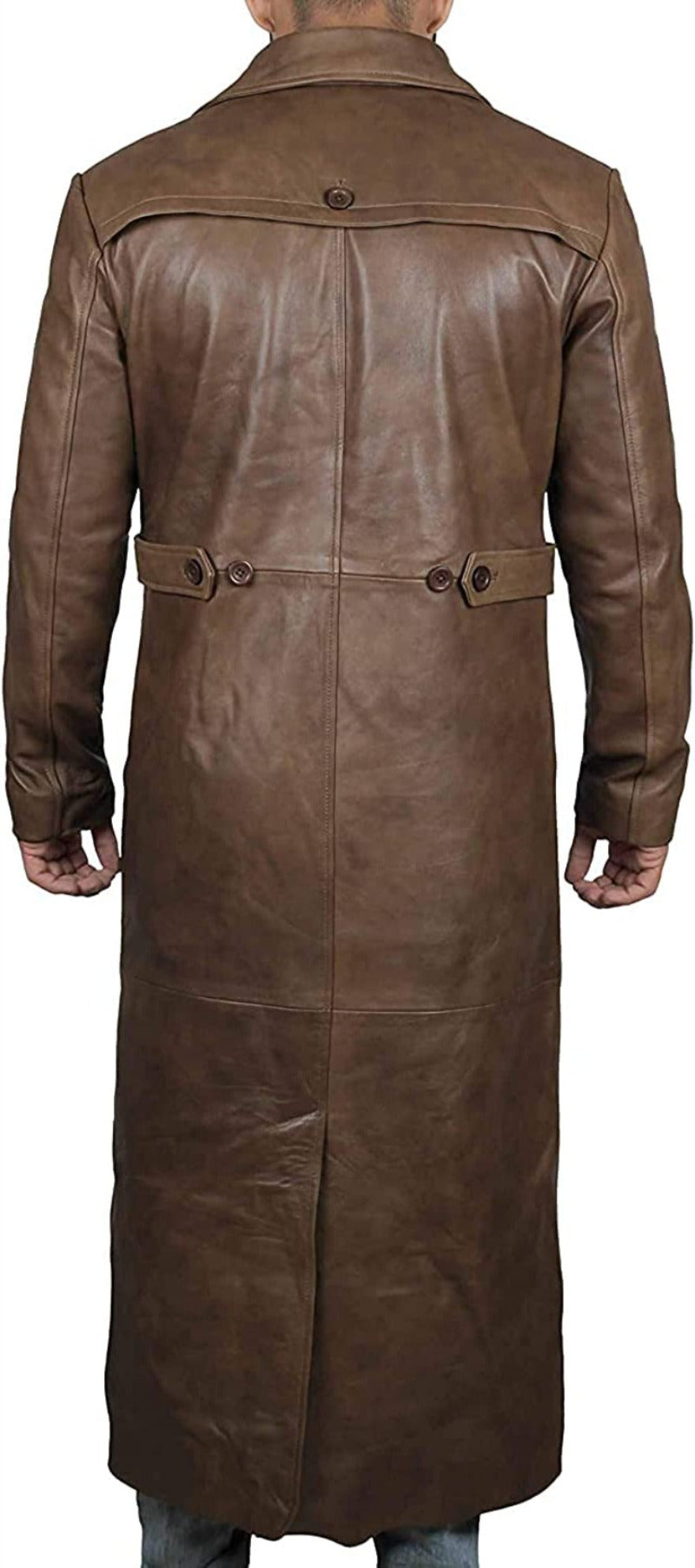 Picture of a model wearing our mens leather trench coat full length . Light brown  color, back view.