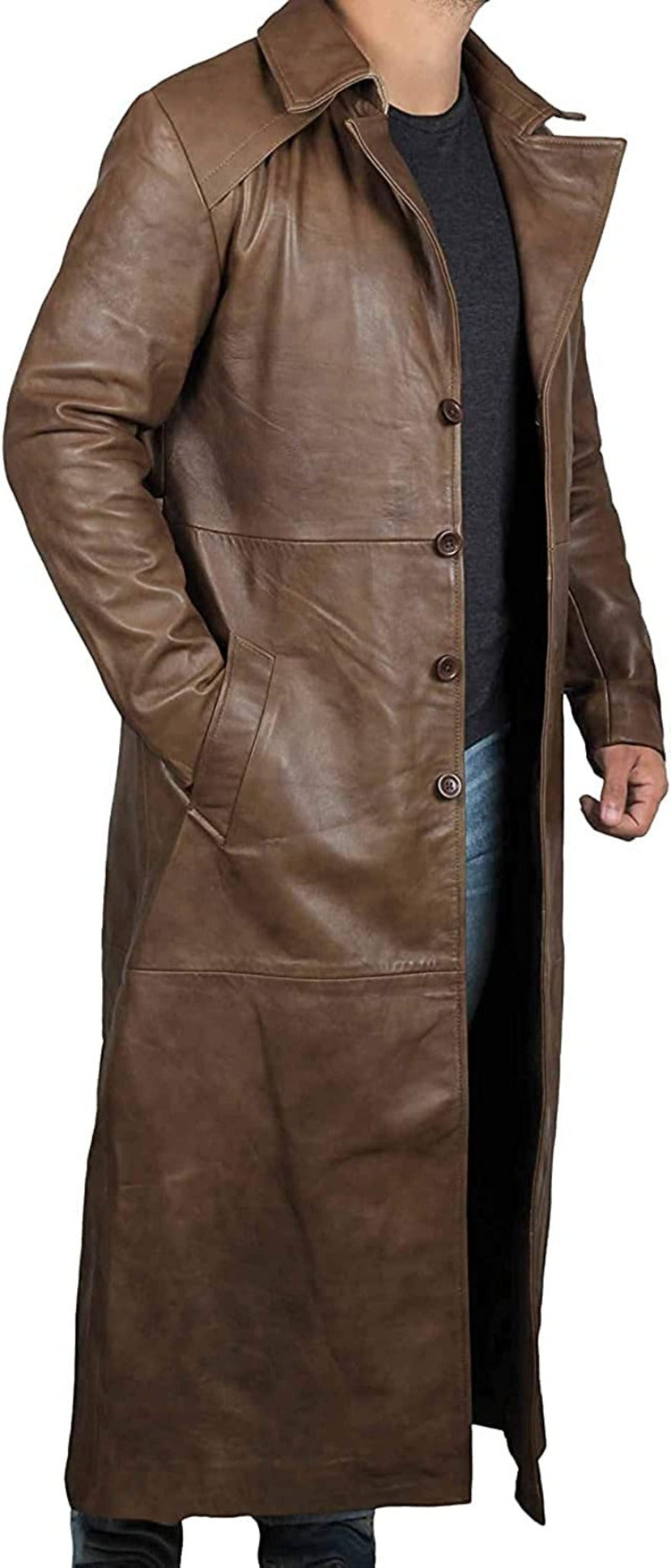 Picture of a model wearing our mens leather trench coat full length . Light brown  color, side view unbuttoned.