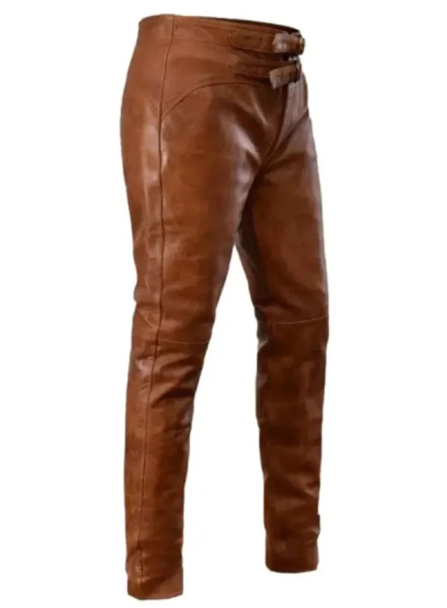 Picture of our dark brown leather pants, , side view.
