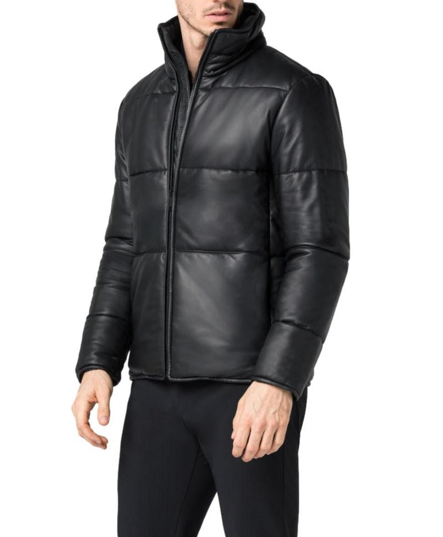 Picture of a mens quilted leather jacket in black with a wide square pattern, side view.