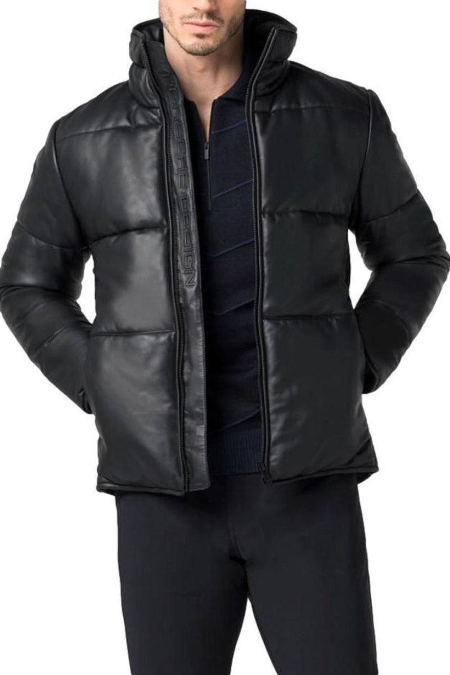 Picture of a model wearing our Mens Leather Jacket Quilted | Square Pattern, front view.