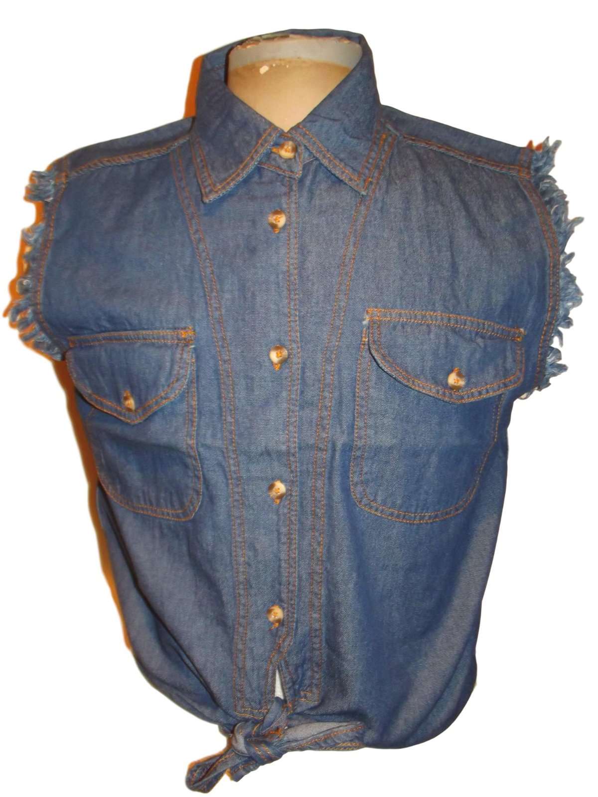 CD D C Womens Daisy Duke Motorcycle Denim Sleeveless Cropped Tied Button Front Top