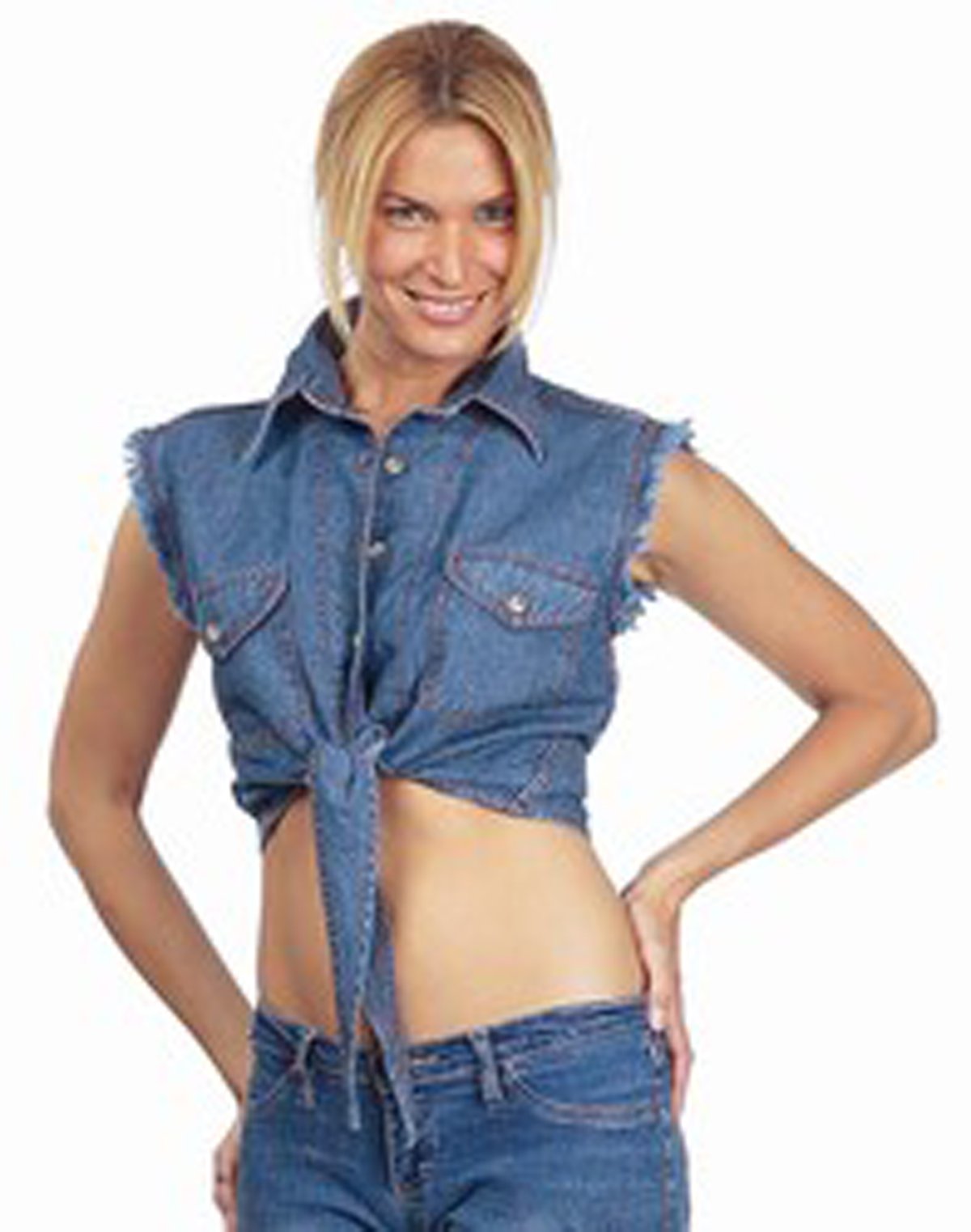 CD D C Womens Daisy Duke Motorcycle Denim Sleeveless Cropped Tied Button Front Top