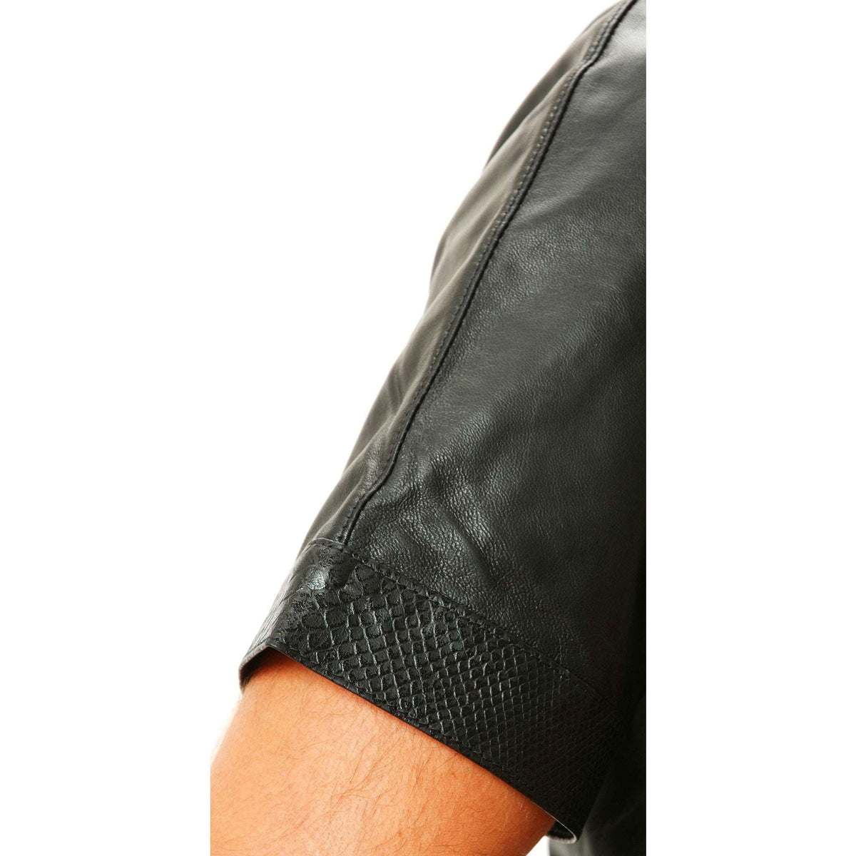 Womens black leather baseball jersey snakeskin trim close up