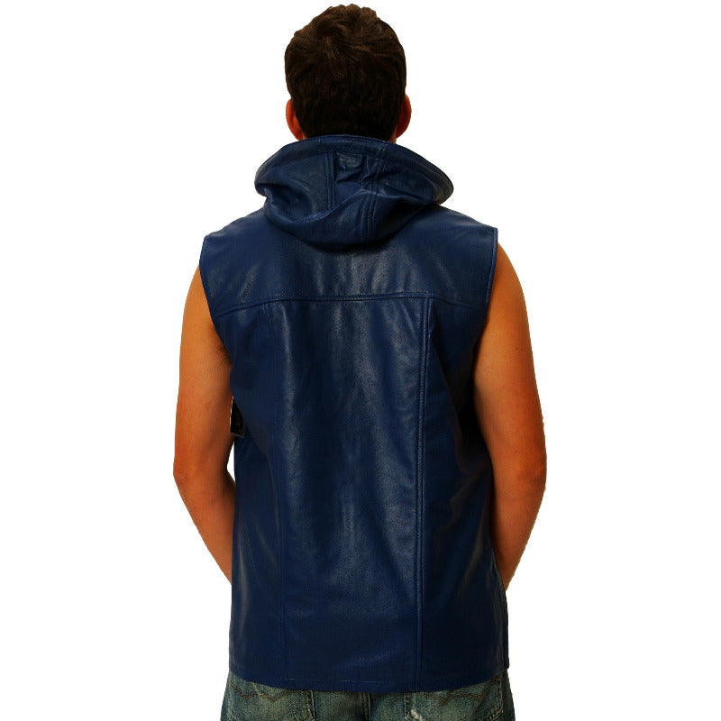 Mens blue leather hooded sleeveless dual collar shirt back 1