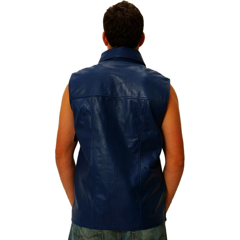 Mens blue leather hooded sleeveless dual collar shirt back
