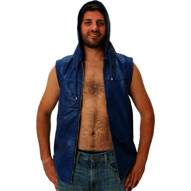 Mens blue leather hooded sleeveless dual collar shirt front 1