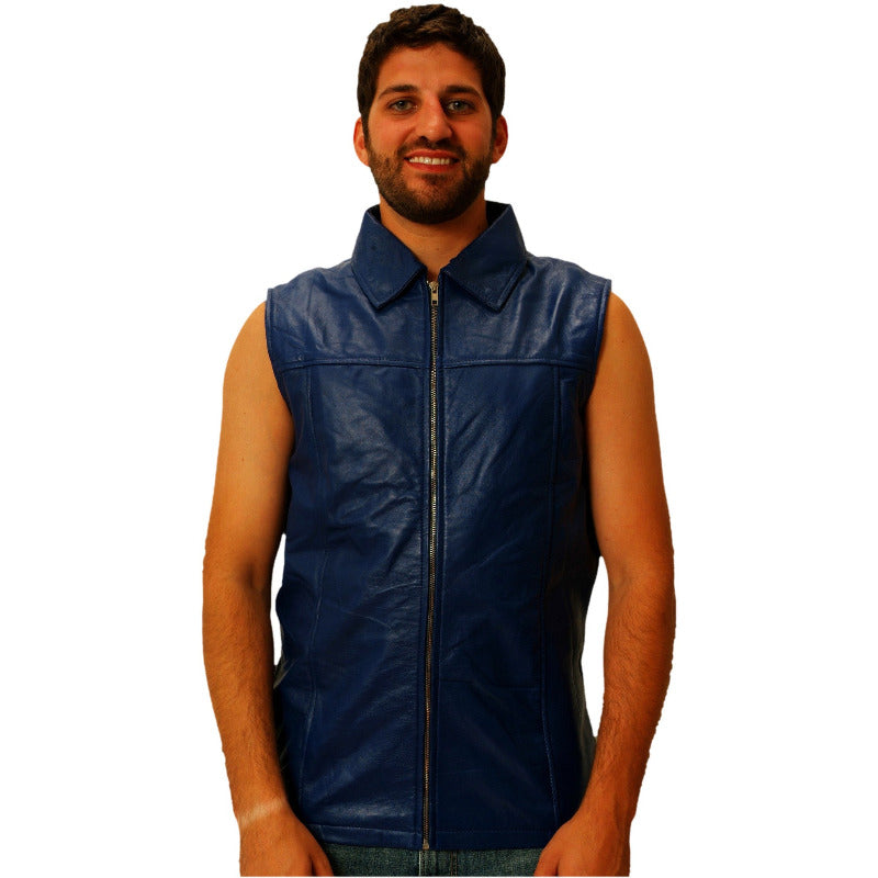Mens blue leather hooded sleeveless dual collar shirt front