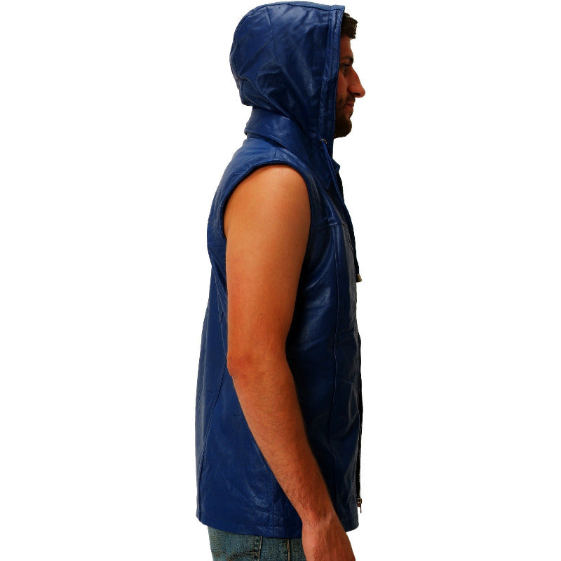 Mens blue hooded sleeveless leasther shirt side view