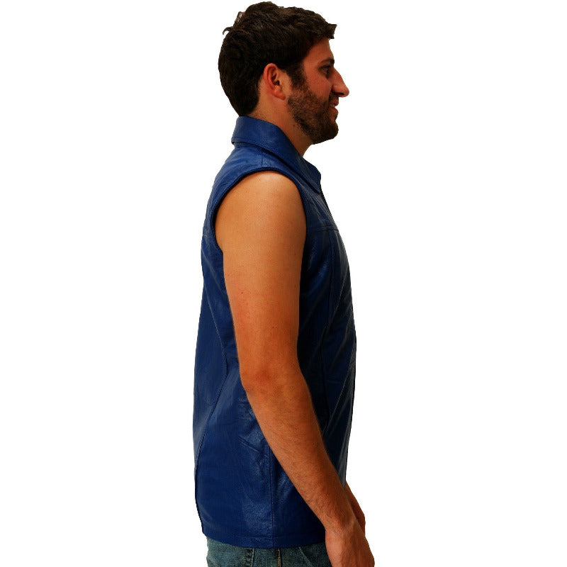 Mens blue leather hooded sleeveless dual collar shirt side