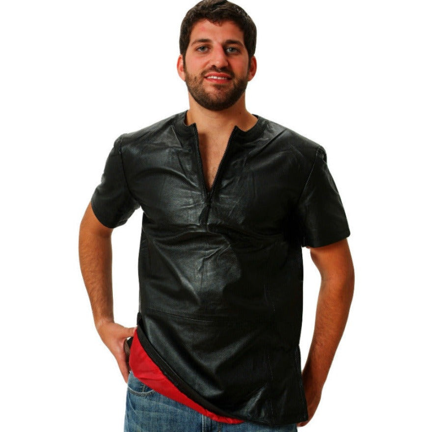 Picture of model wearing a black leather t shirt,  front view with zipper open