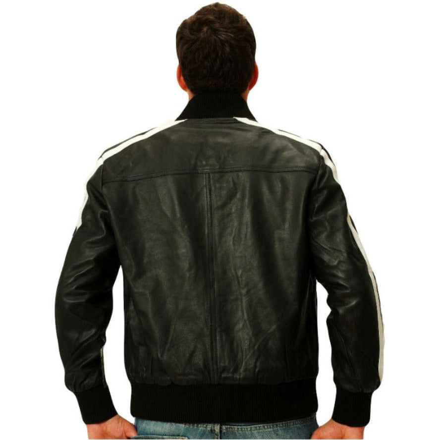 Picture of a model wearing our Mens Casual Leather Jacket, black color, back view
