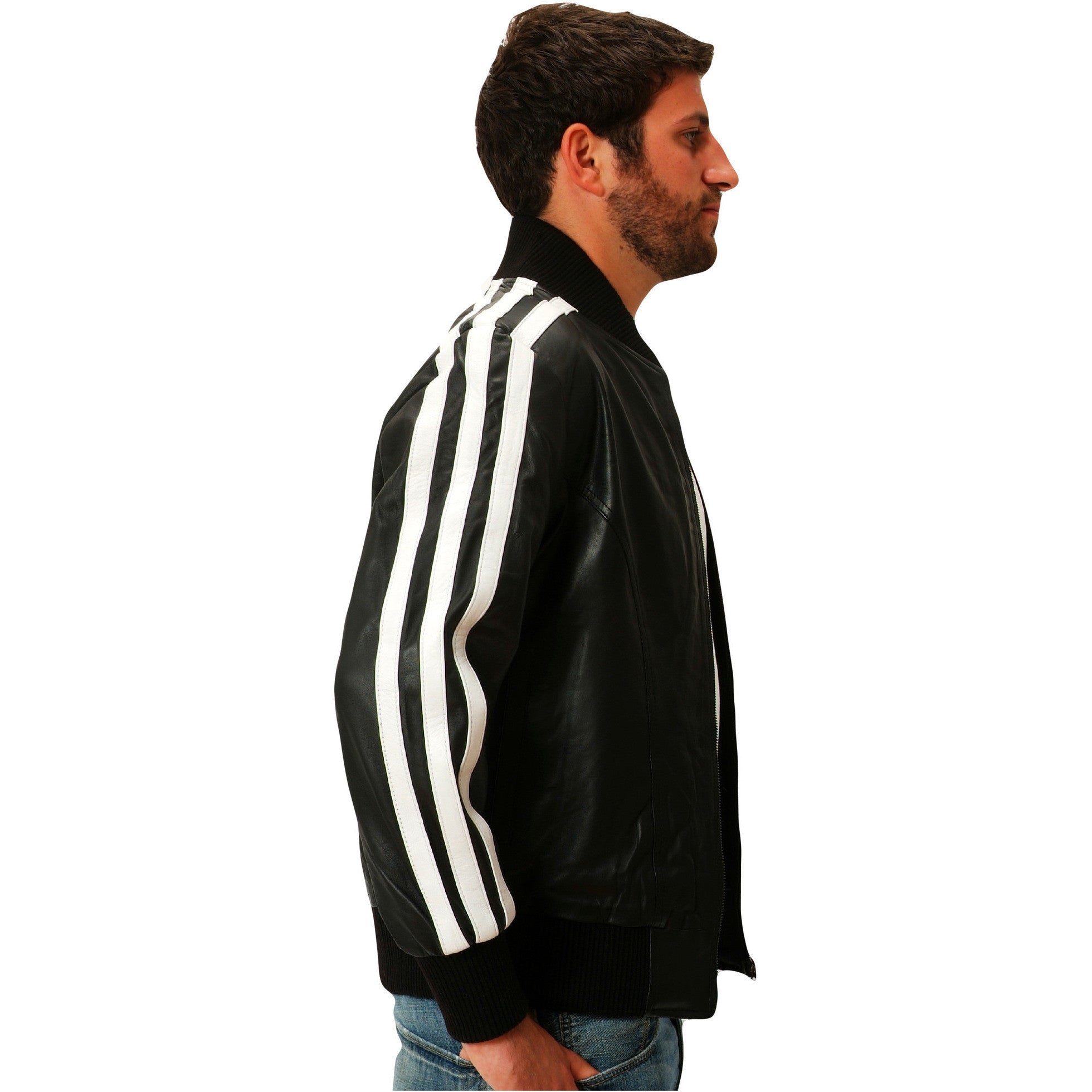 Mens black leather track jacket side
