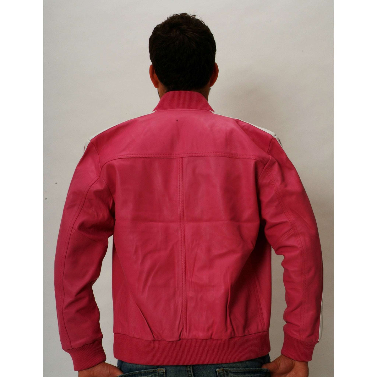 Mens pink leather track jacket back