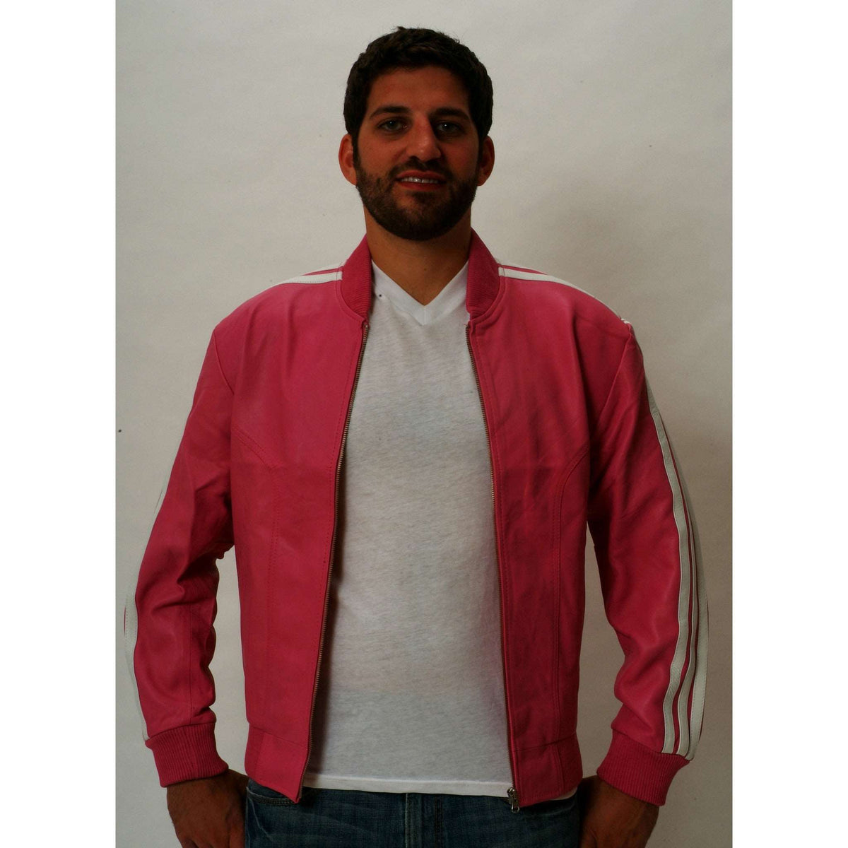 Mens pink leather track jacket front 1