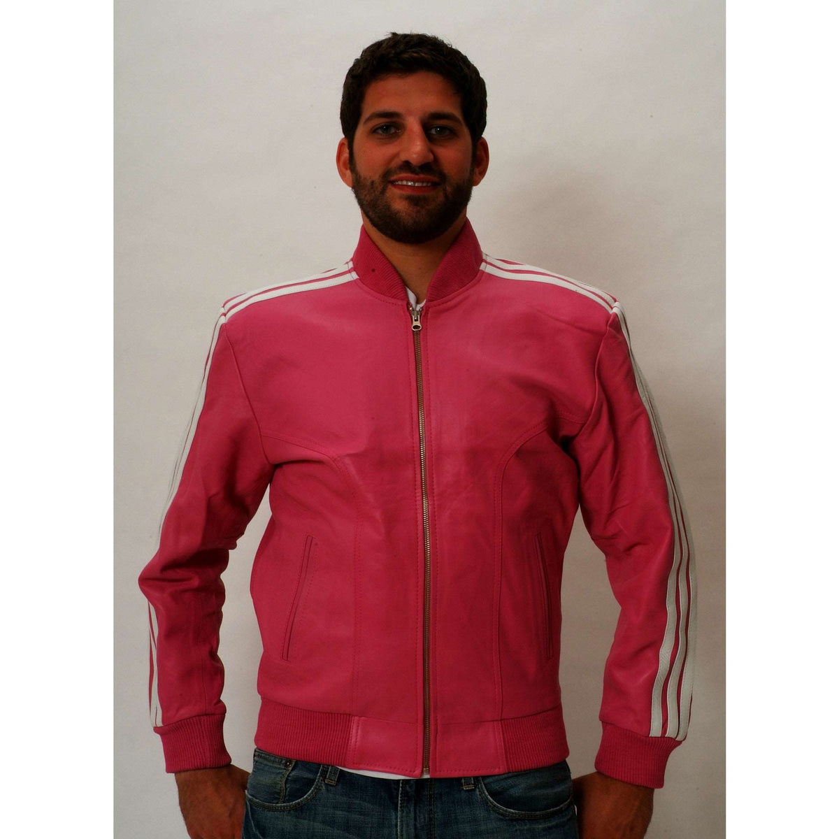 Mens pink leather track jacket front