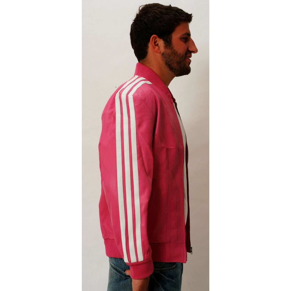 Mens pink leather track jacket side