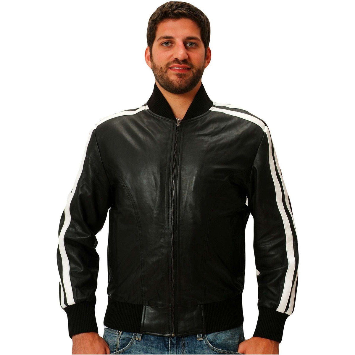 Mens black leather track jacket front
