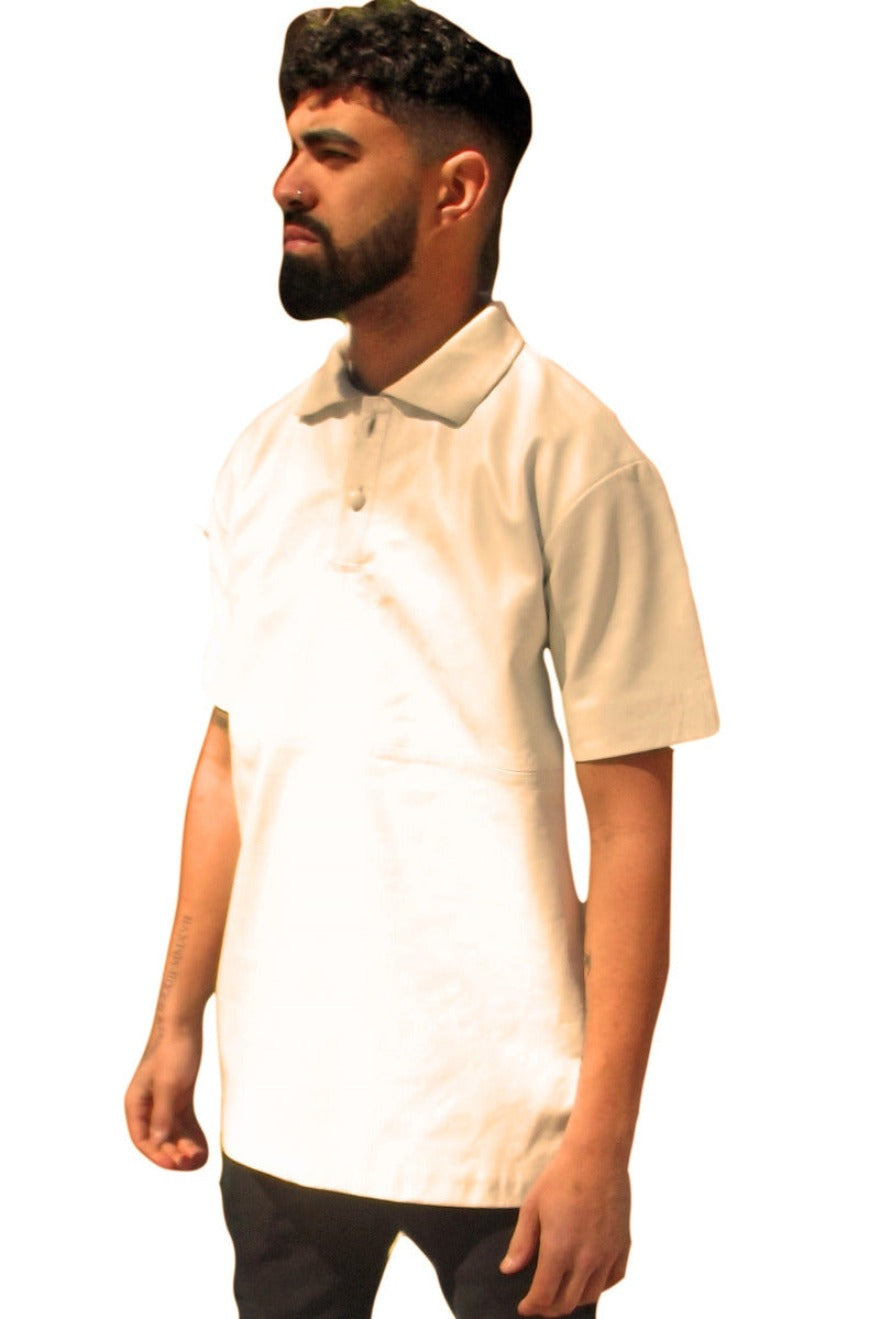 Picture of a model wearing a Leather Polo shirt. Color is white, side view