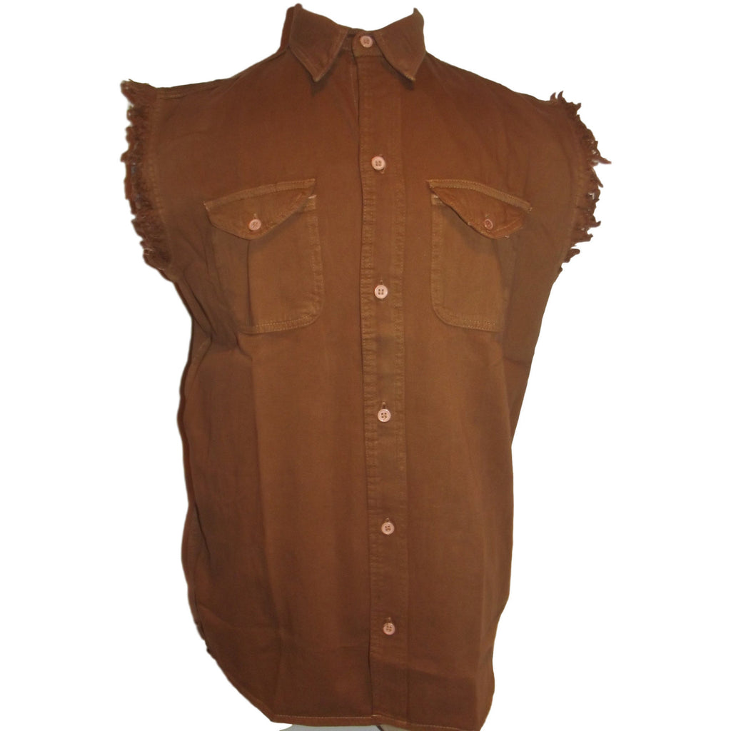 Mens Motorcycle Biker Shirt Brown Cut Off Sleeveless Cotton Denim-  ChersDelights Leather Apparel