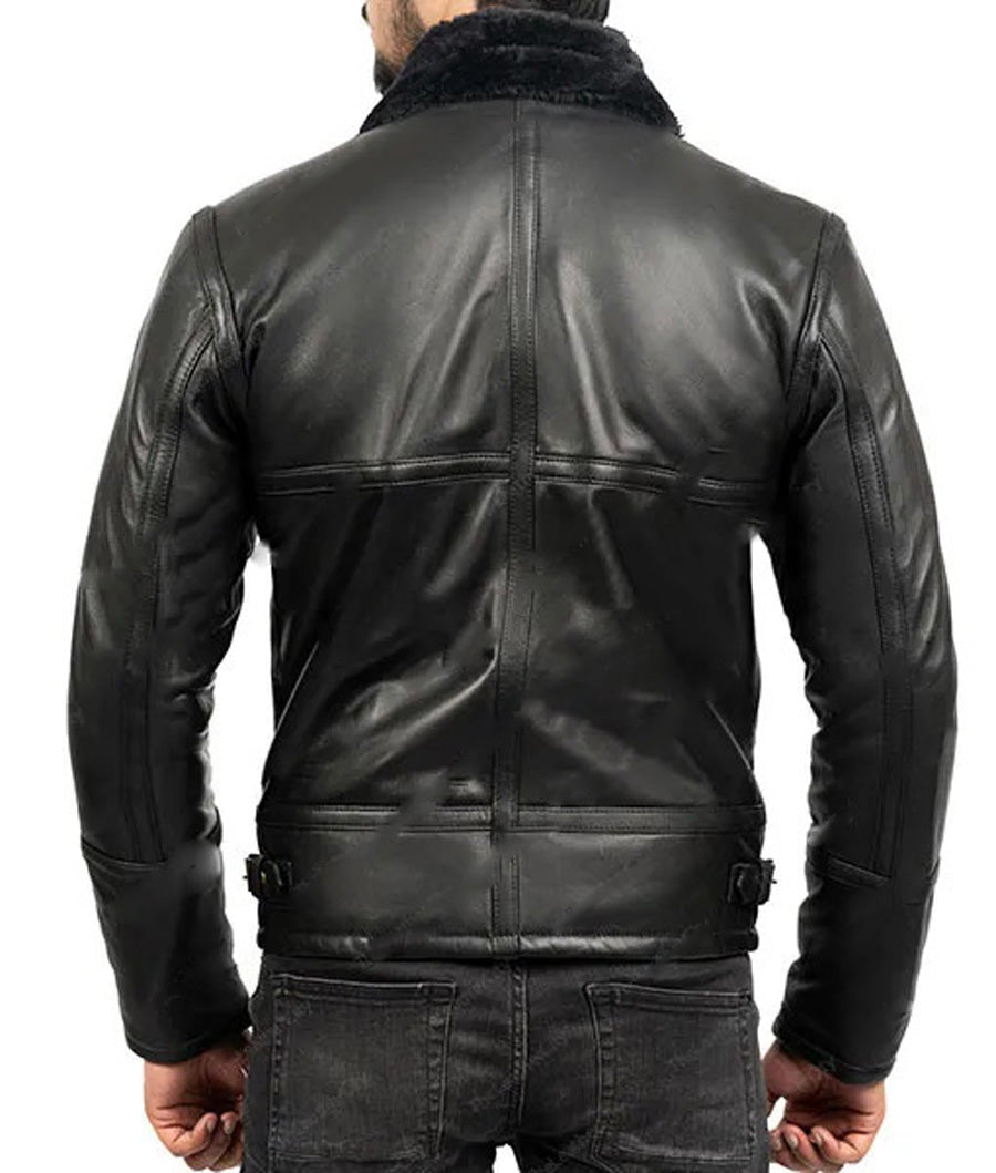 Back view of model wearing black shearling leather pilot jacket.
