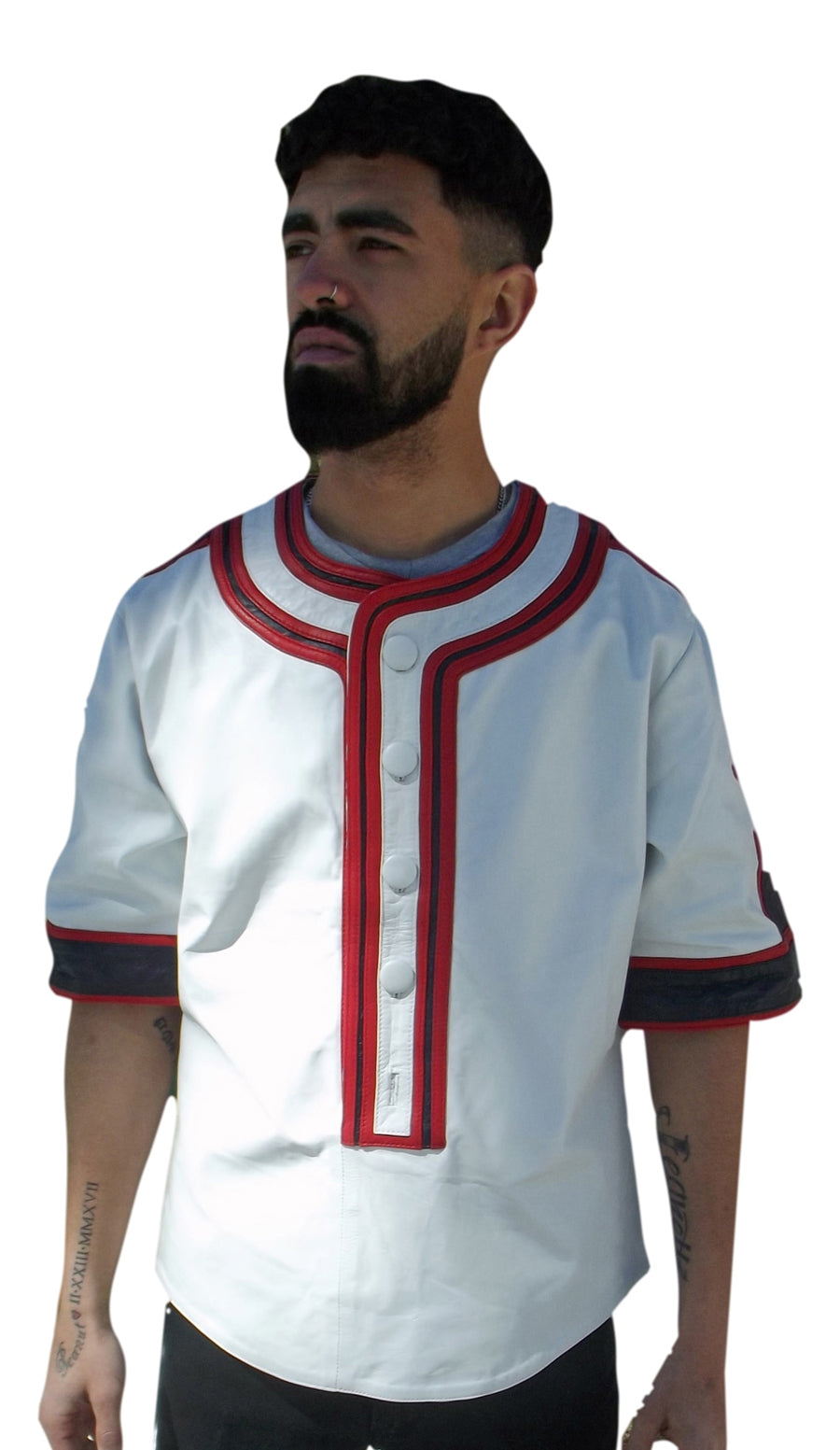 Picture of a model wearing a Mens-Leater-baseball-jerse, front view