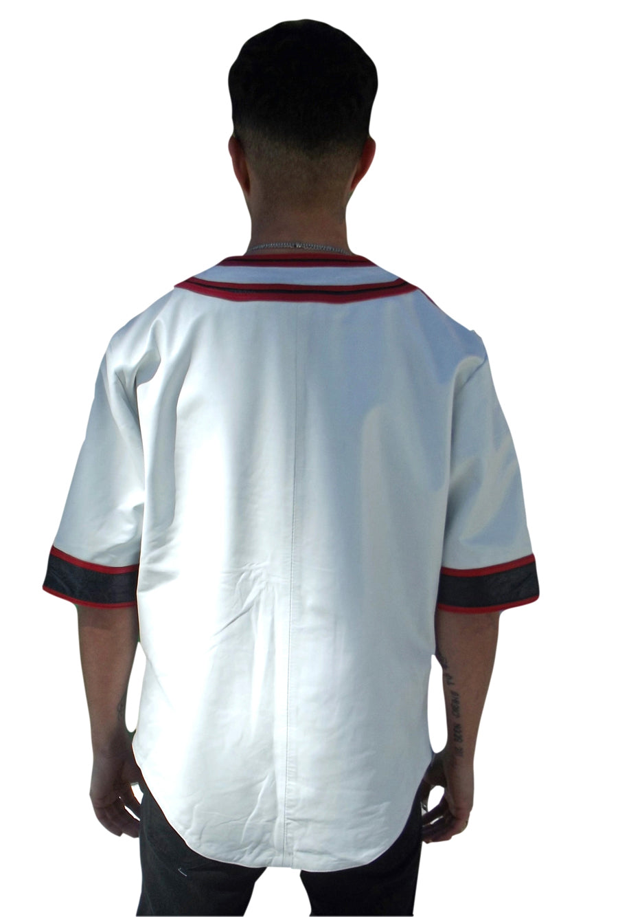 Picture of a model wearing a Mens-Leater-baseball-jerse, back view