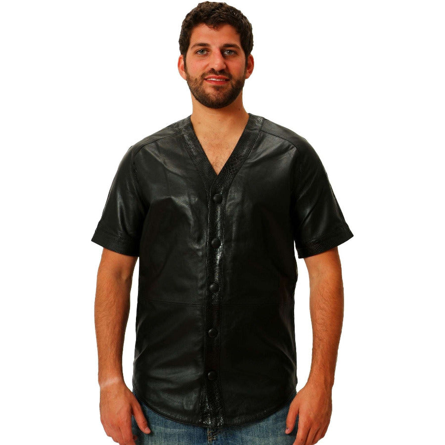 Snakeskin Baseball Jersey in black with snakeskin trim  front view