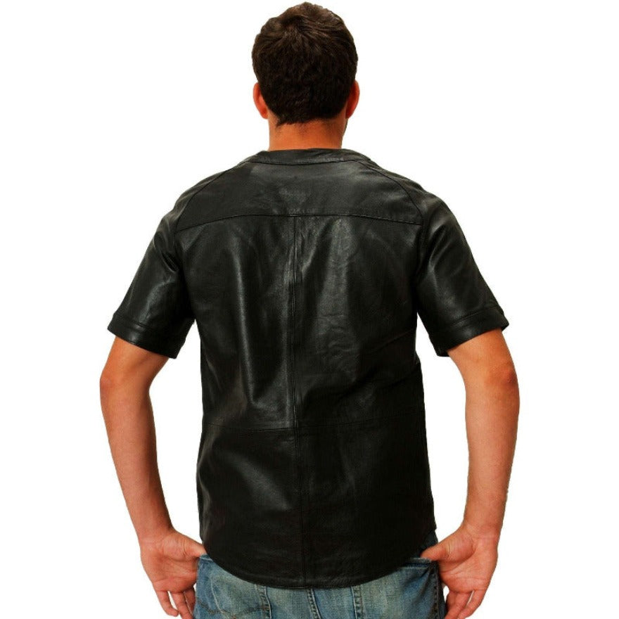 Picture of a model wearing a Black Leather Baseball Jersey back view.