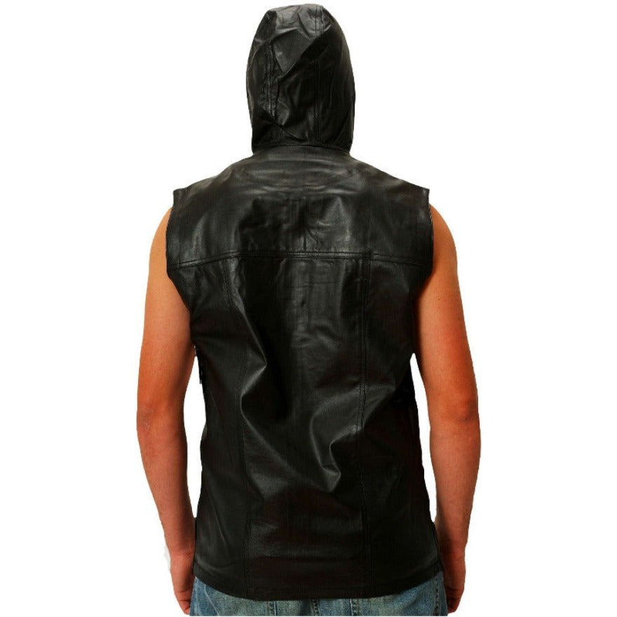 Picture of a model wearing a Sleeveless leather hoodie in black, back view.