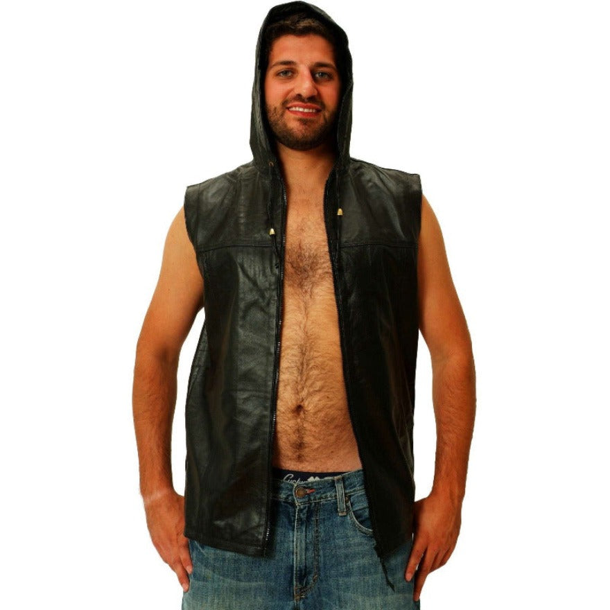 Picture of a model wearing a Sleeveless leather hoodie in black, front view.with zipper open