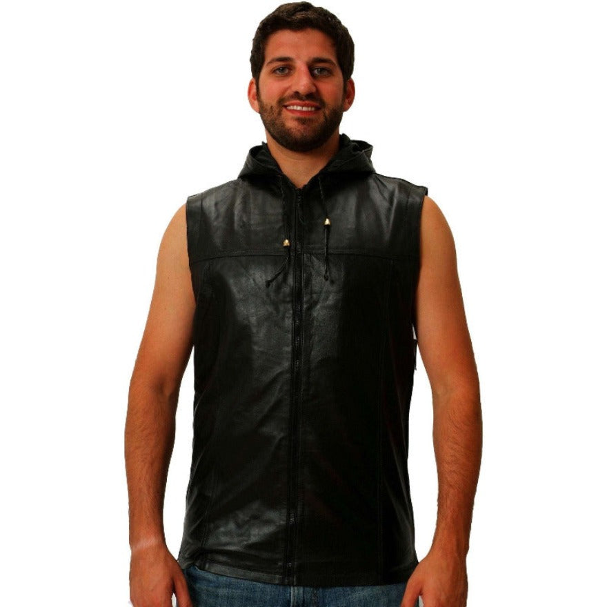 Picture of a model wearing our Sleeveless leather hoodie in black, front view.