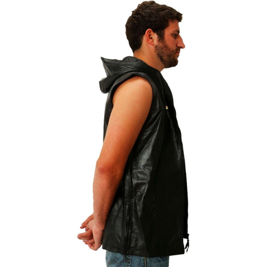 Picture of a model wearing a Sleeveless leather hoodie in black, side view.