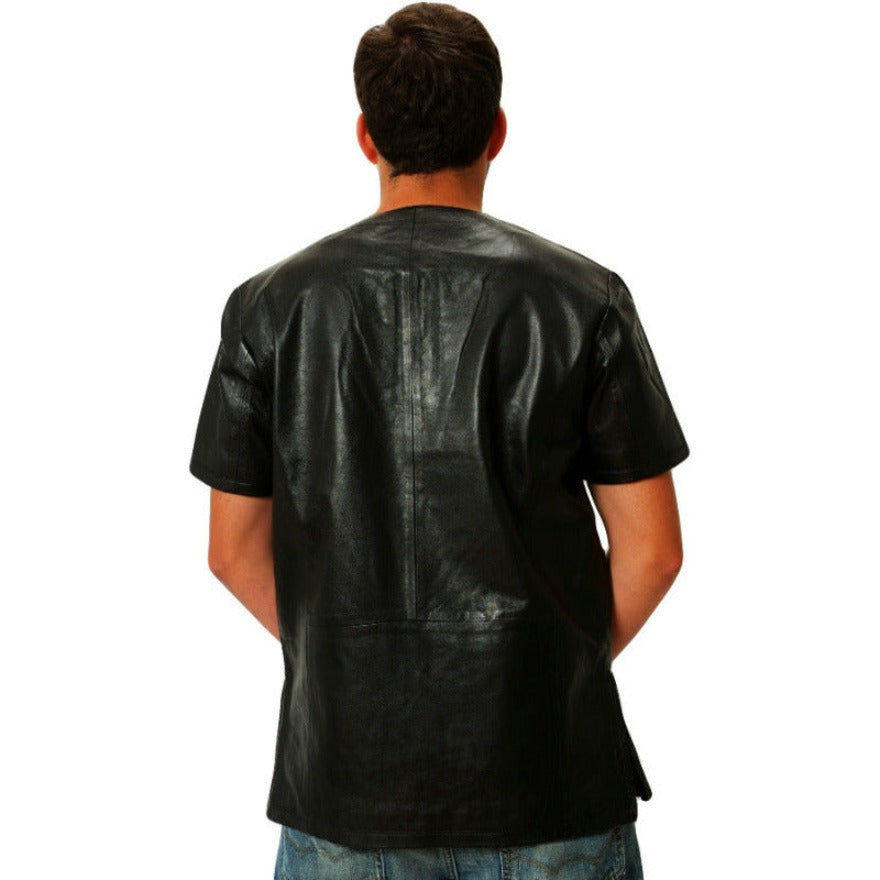 Picture of model wearing a black leather t shirt, back view