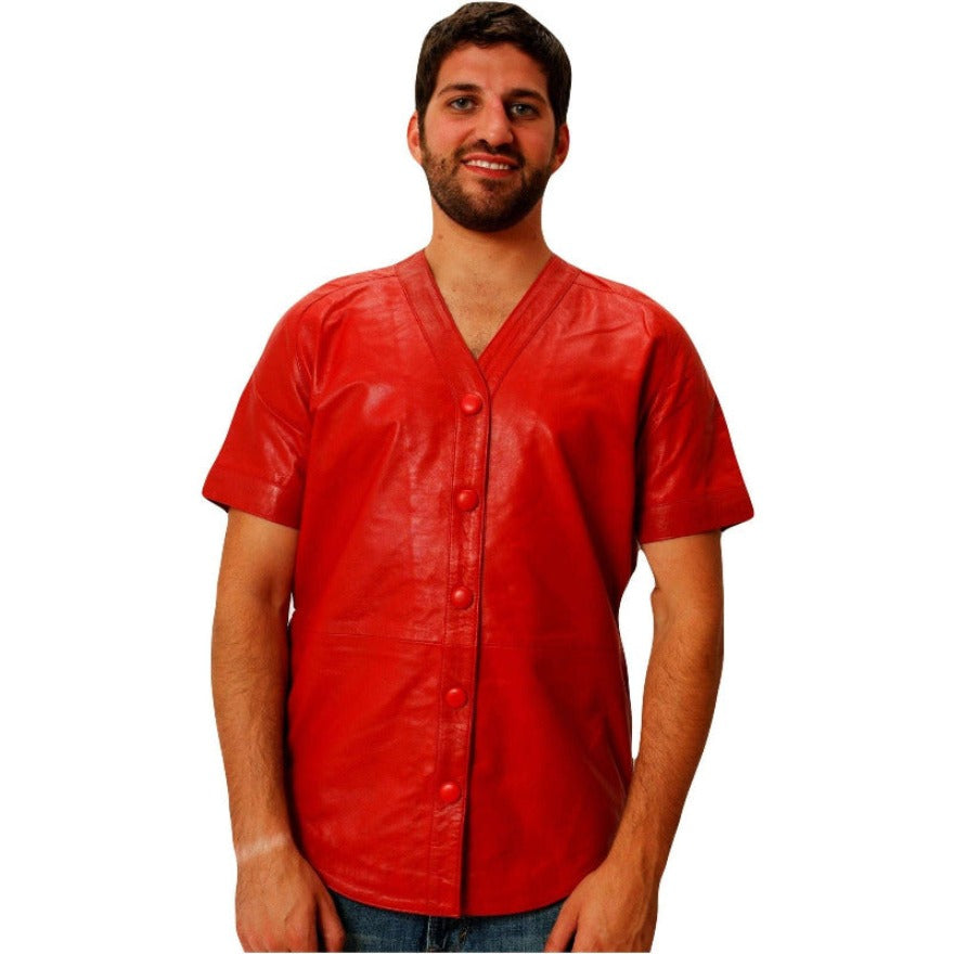 Picture of a model wearing a  red leather baseball jersey front view