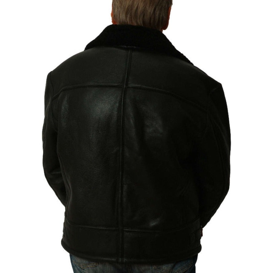 Picture of a model wearing our Mens Black Shearling Leather Jacket, back view