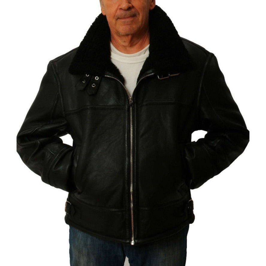 Picture of a model wearing our Mens Black Shearling Leather Jacket, front view