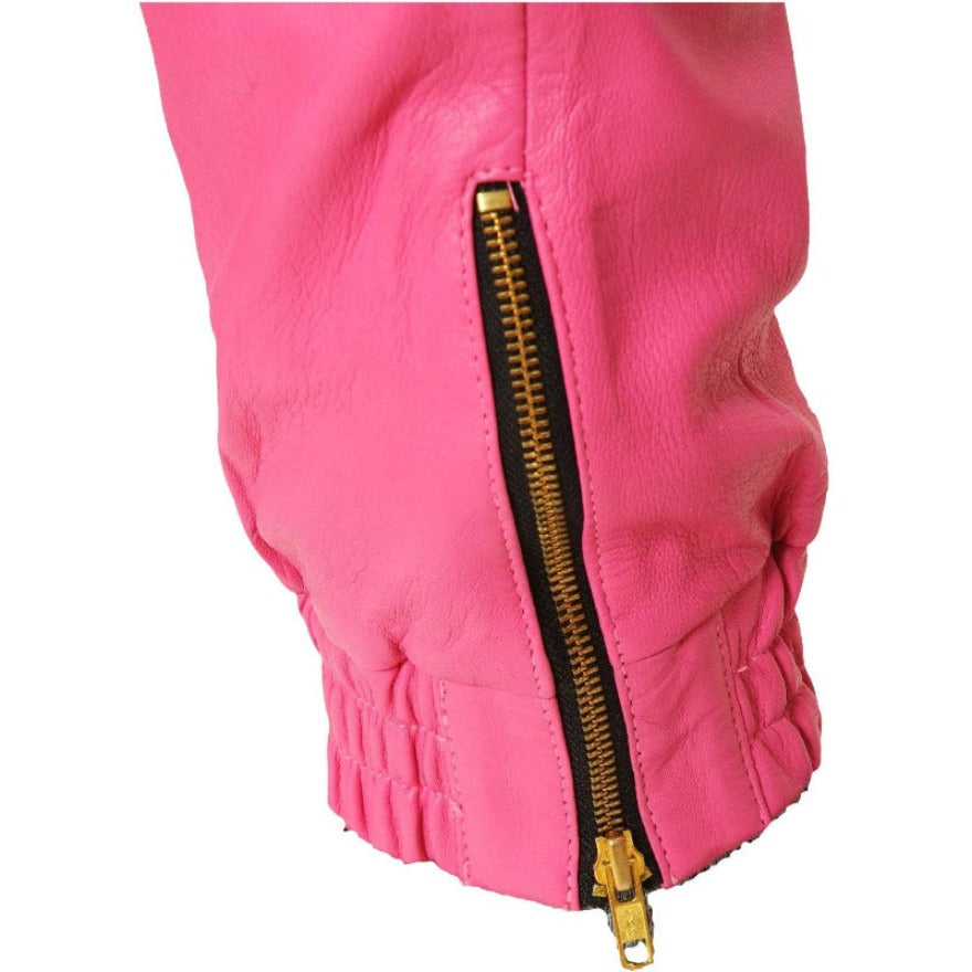 Close up picture of Pink leather joggers ankle, showing elastic and gold zipper