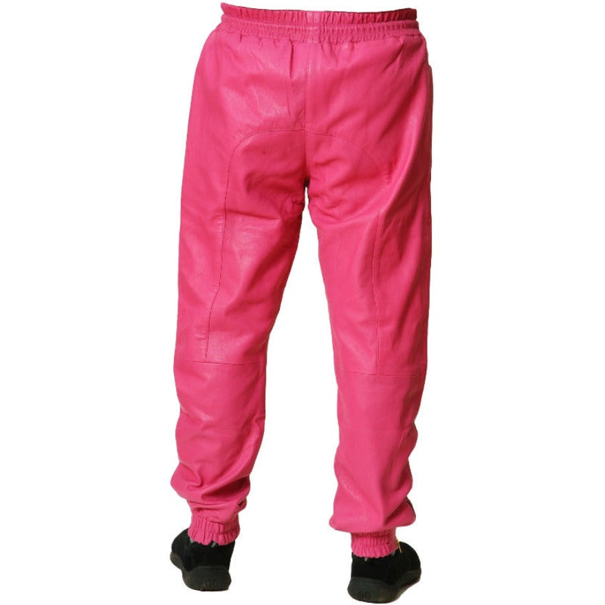 Picture of  a model wearing our Pink leather joggers back view