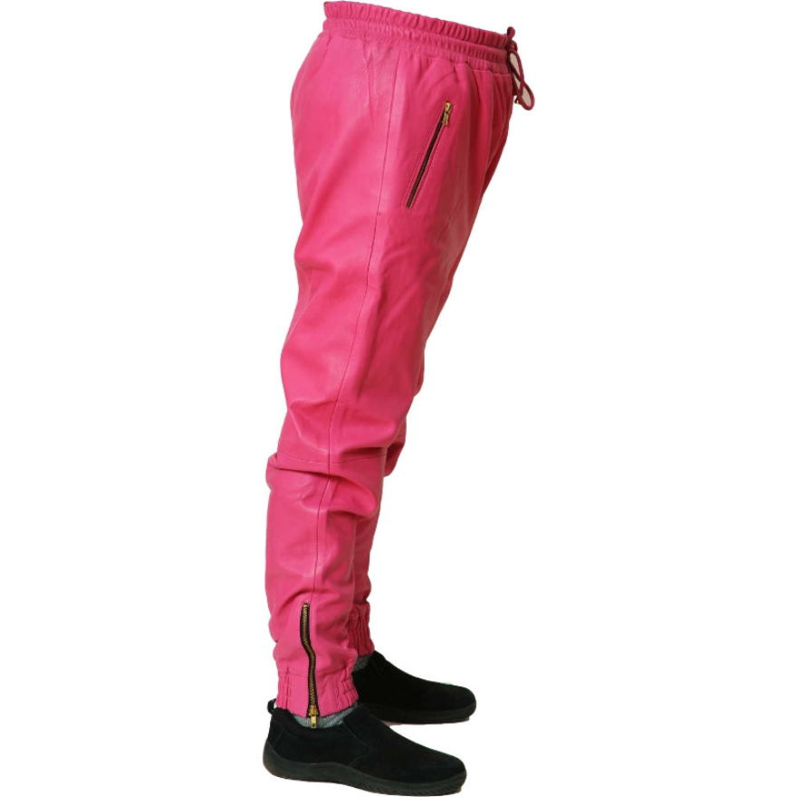Picture of  a model wearing our Pink leather joggers side view
