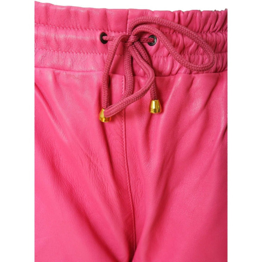 Picture of Pink leather joggers close up view of the elastic waist &amp; drawstring