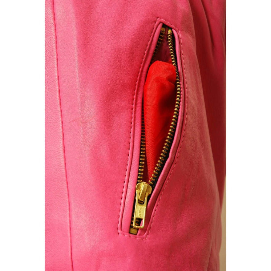 Picture of Pink leather joggers lining and zipper, close up