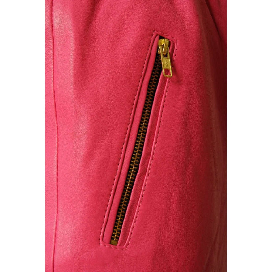 Picture of Pink leather joggers close up view of the zippered pocket