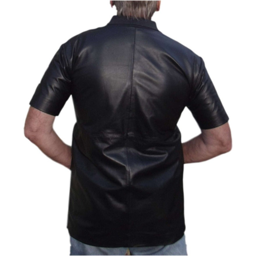 Picture of a model wearing a Mens leather polo shirt, black color, back view