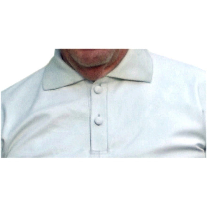 Picture of a model wearing our Leather Polo shirt. Color is white,. Collar close up view.