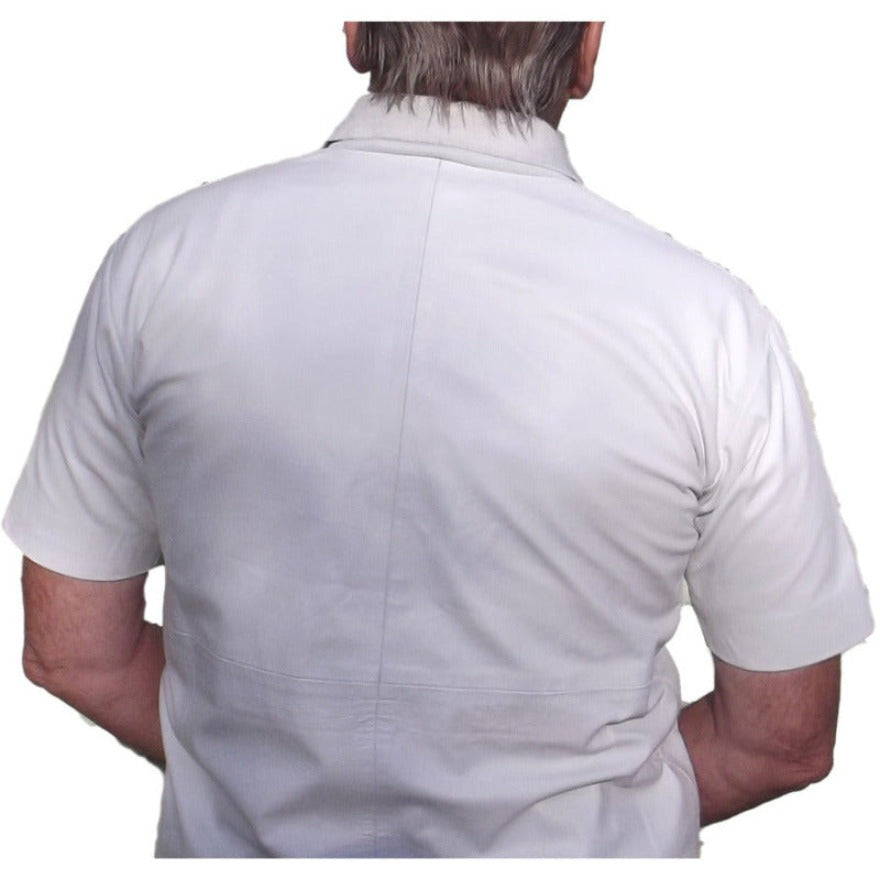 Picture of a model wearing our Leather Polo shirt. Color is white, back view