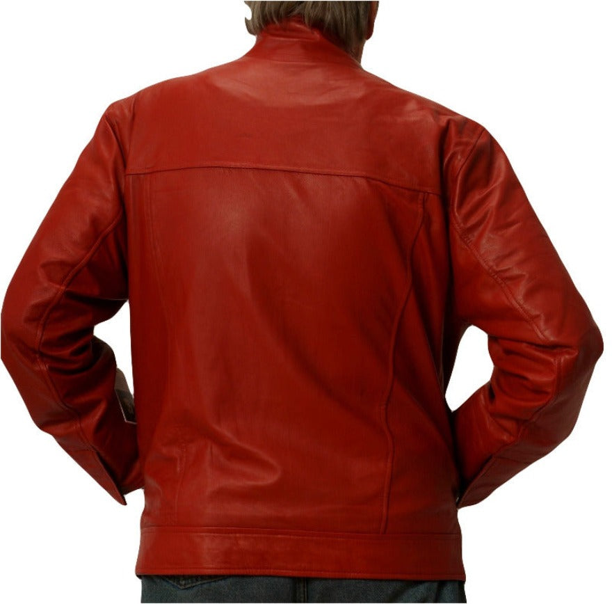 Picture of a model wearing our Red Snakeskin Leather Jacket with black snakeskin embossed collar and cuffs.  Back view.