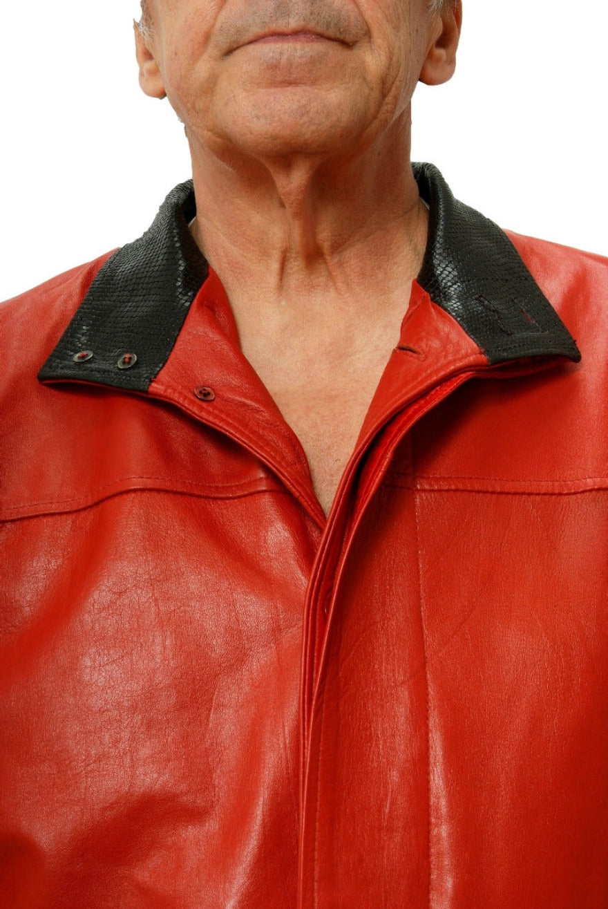 Picture of a model wearing our Red Snakeskin Leather Jacket with black snakeskin embossed collar and cuffs.  Close up view of the black snakeskin collar.