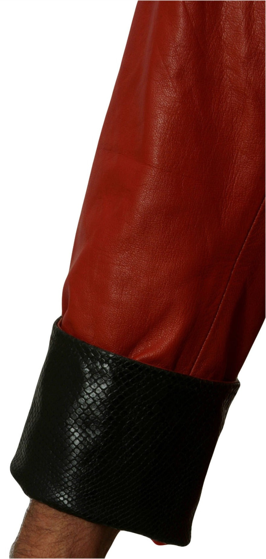 Picture of a model wearing our Red Snakeskin Leather Jacket with black snakeskin embossed collar and cuffs.  Close up view of the black snakeskin cuff.